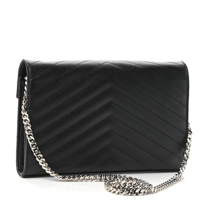 Saint Laurent Grain De Poudre Matelasse Chevron Monogram Chain Wallet Black 2 of 9