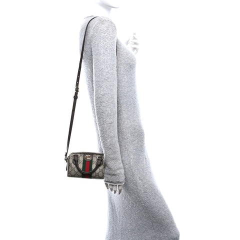 GG Supreme Monogram Textured Dollar Calfskin Web Super Mini Ophidia Top Handle Bowler Bag Beige Ebony New Acero