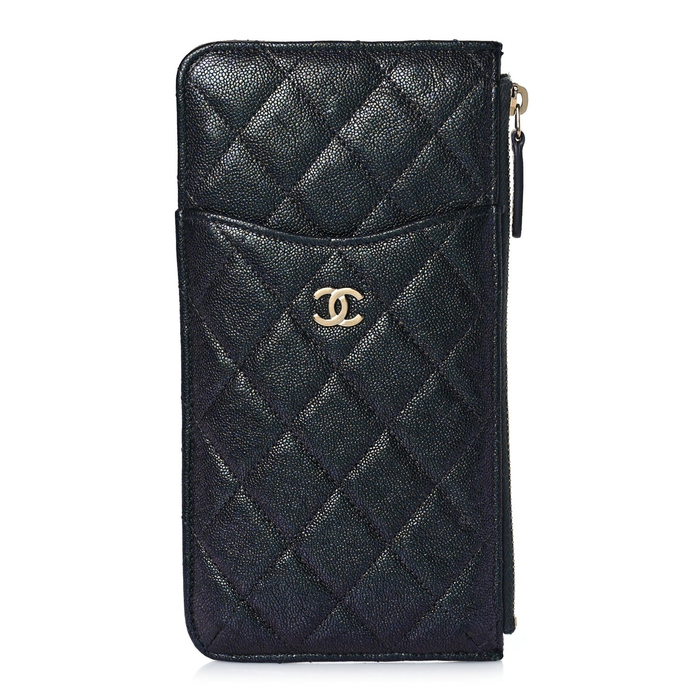 Iridescent Caviar Quilted Classic Flat Wallet Pouch Black