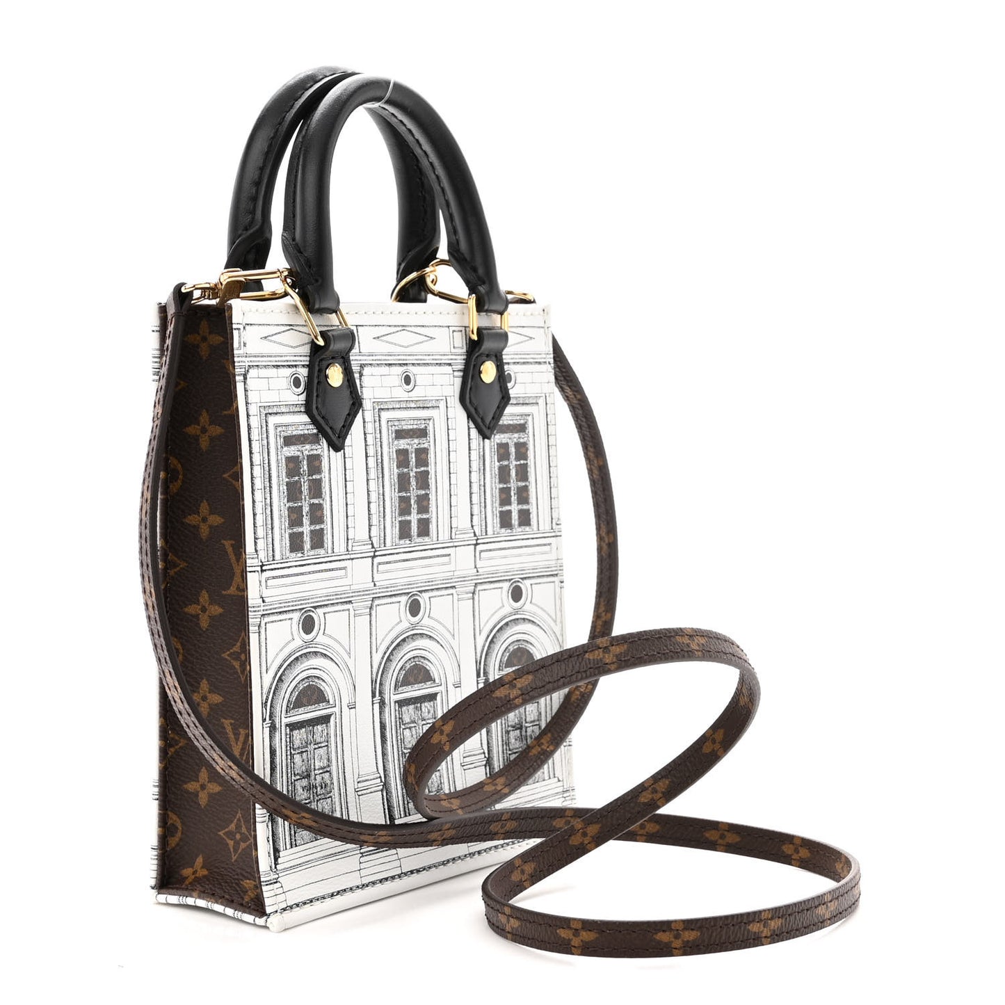 X FORNASETTI Calfskin Architettura Petit Sac Plat Black White