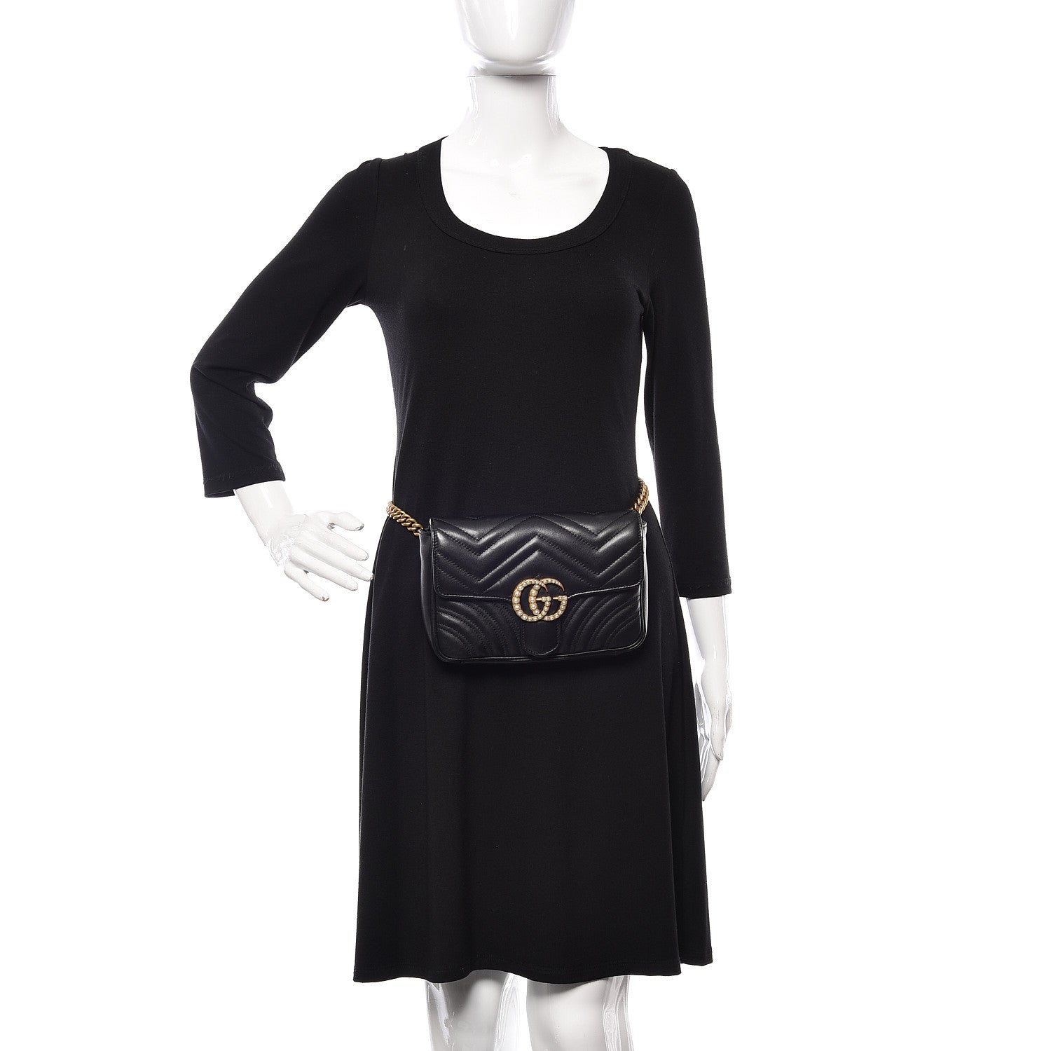 Gucci Calfskin Matelasse Pearly GG Marmont Chain Belt Bag Black 2 of 13