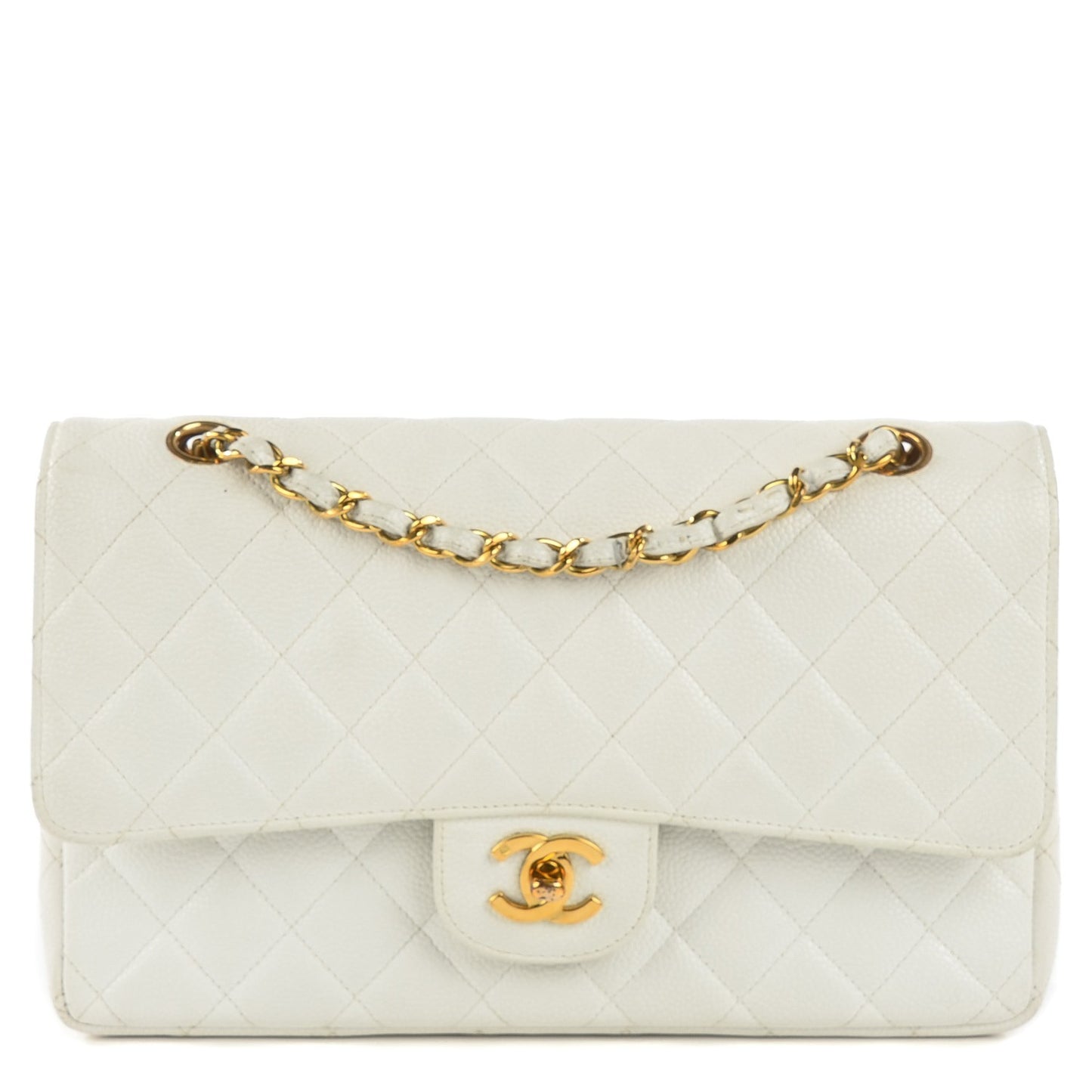 Caviar Quilted Medium Double Flap White