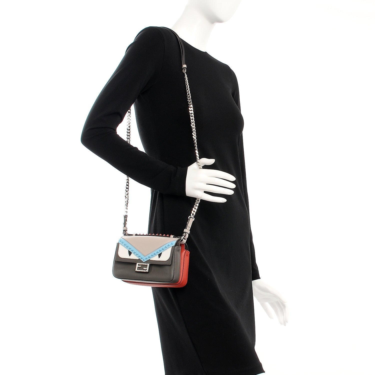 Fendi Vitello Dolce Monster Eyes Studded Micro Double Baguette Carbone White Multicolor 2 of 11