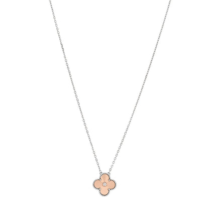 Van Cleef & Arpels 18K White Rose Gold Diamond Guilloche Vintage Alhambra Pendant Necklace 1 of 6