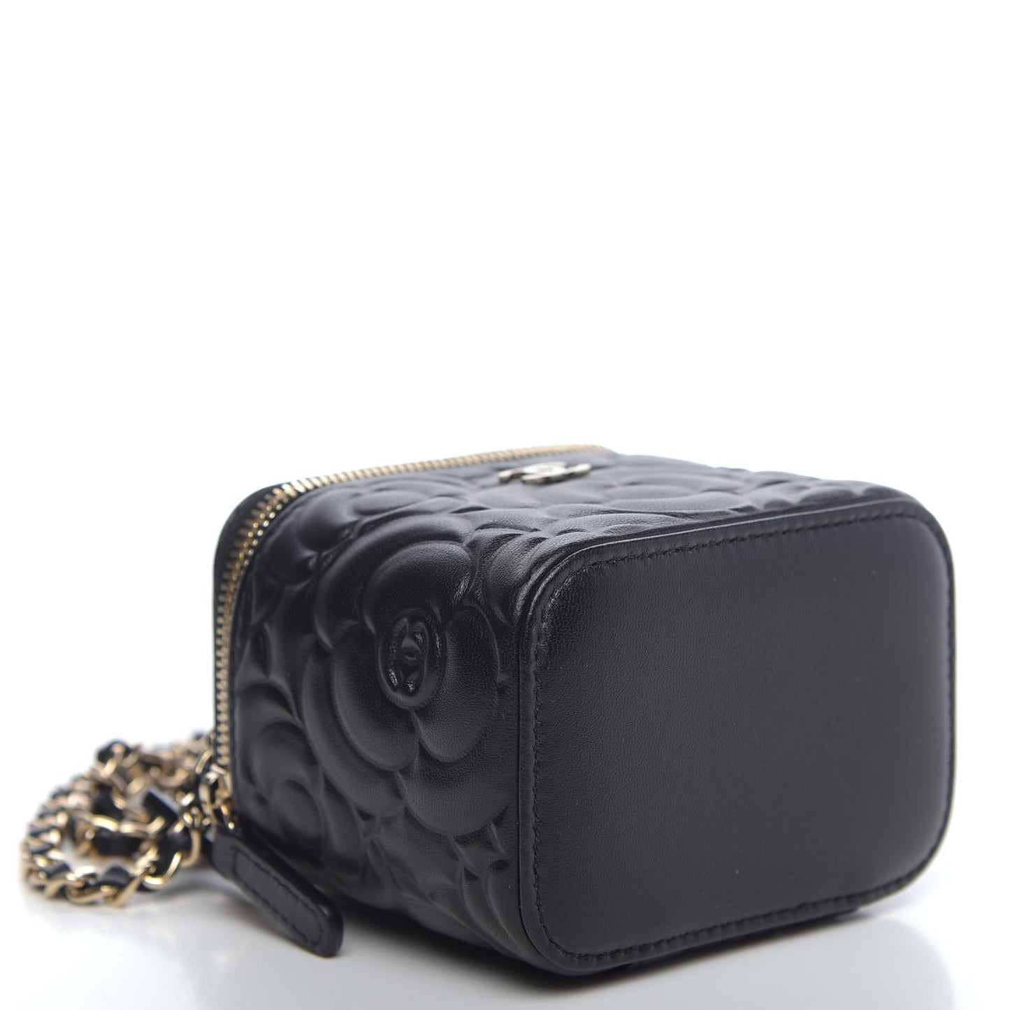 Lambskin Camellia Embossed Mini Vanity Case With Chain Black