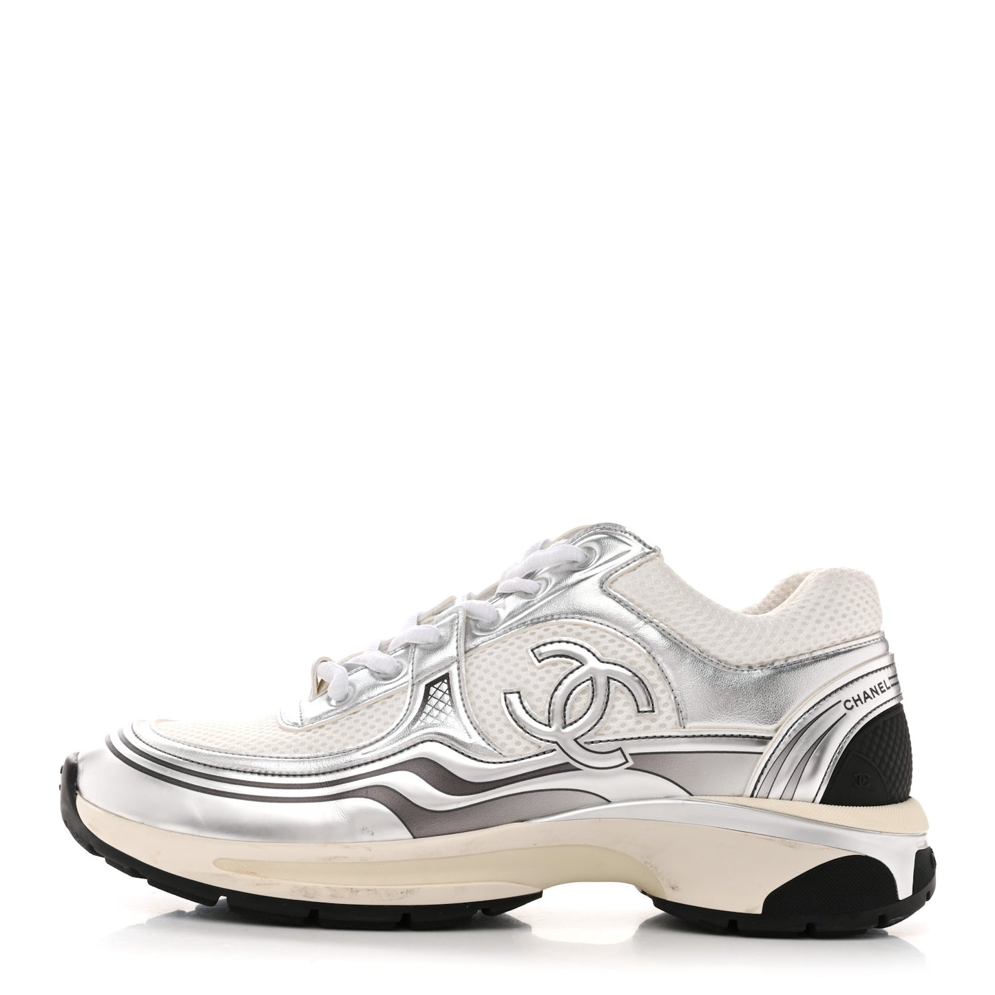Fabric Laminated Calfskin Stretch CC Sneakers 41 White Silver