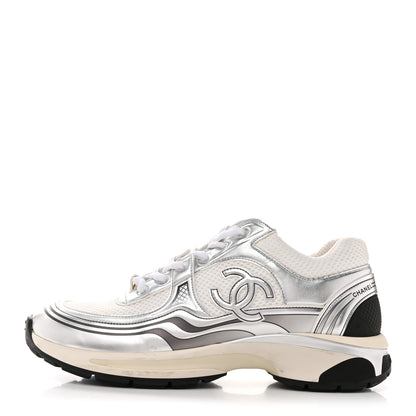 Chanel Fabric Laminated Calfskin Stretch CC Sneakers 41 White Silver 1 of 11