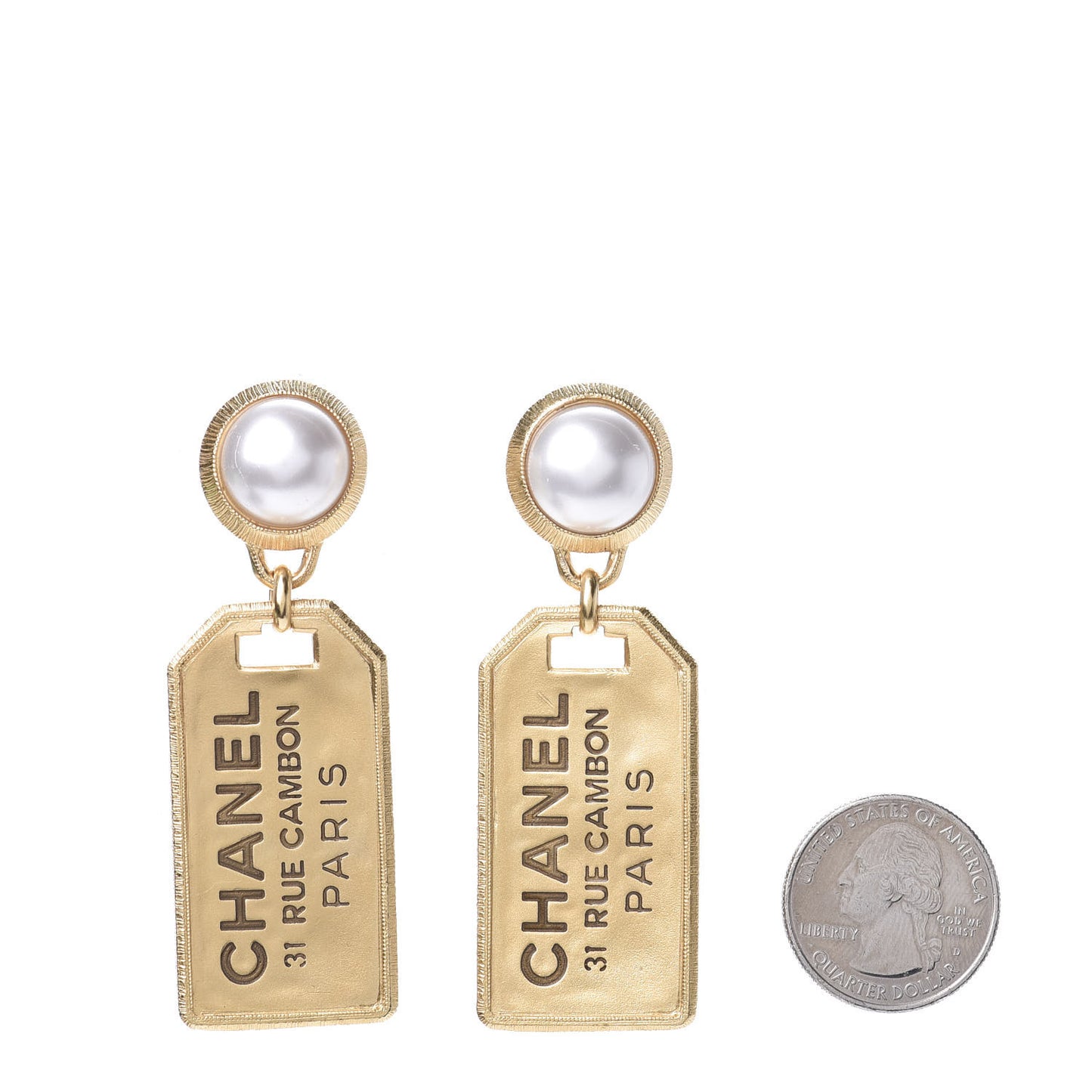 Pearl CC Tags Drop Earrings Gold