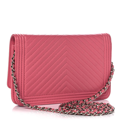 Chanel Calfskin Chevron Quilted Boy Wallet On Chain WOC Pink 3 of 13
