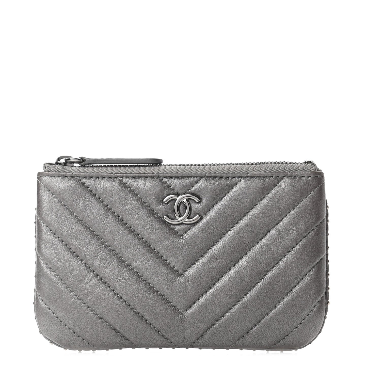 Crumpled Calfskin Chevron Quilted Studded Small Cosmetic Case Grey