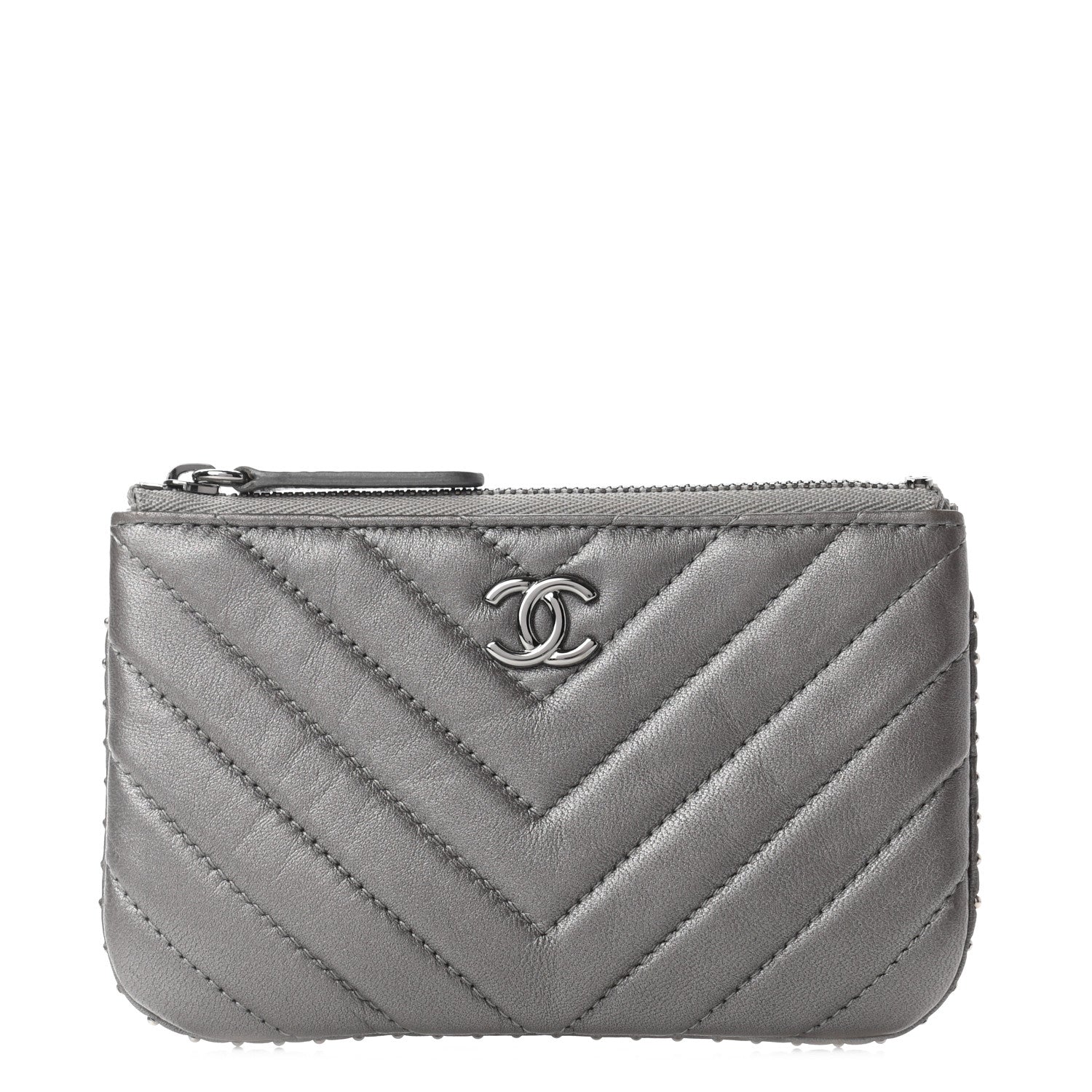 Chanel Crumpled Calfskin Chevron Quilted Studded Small Cosmetic Case Grey 1 of 7