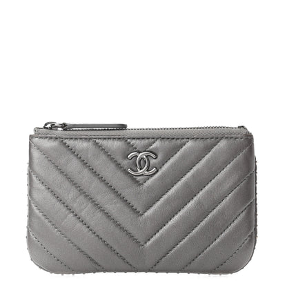 Chanel Crumpled Calfskin Chevron Quilted Studded Small Cosmetic Case Grey 1 of 7