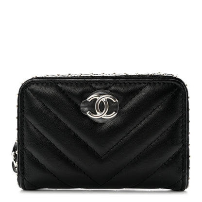 Chanel Lambskin Chevron Quilted Studded Zip Around Coin Purse Black 1 of 8