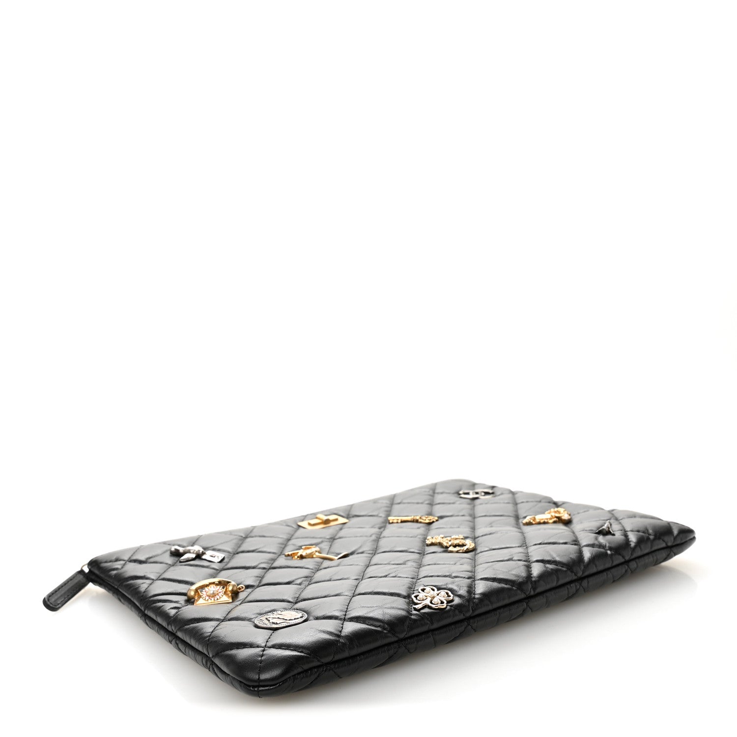 Chanel Aged Calfskin Quilted Medium Lucky Charms Cosmetic Case Black 4 of 9