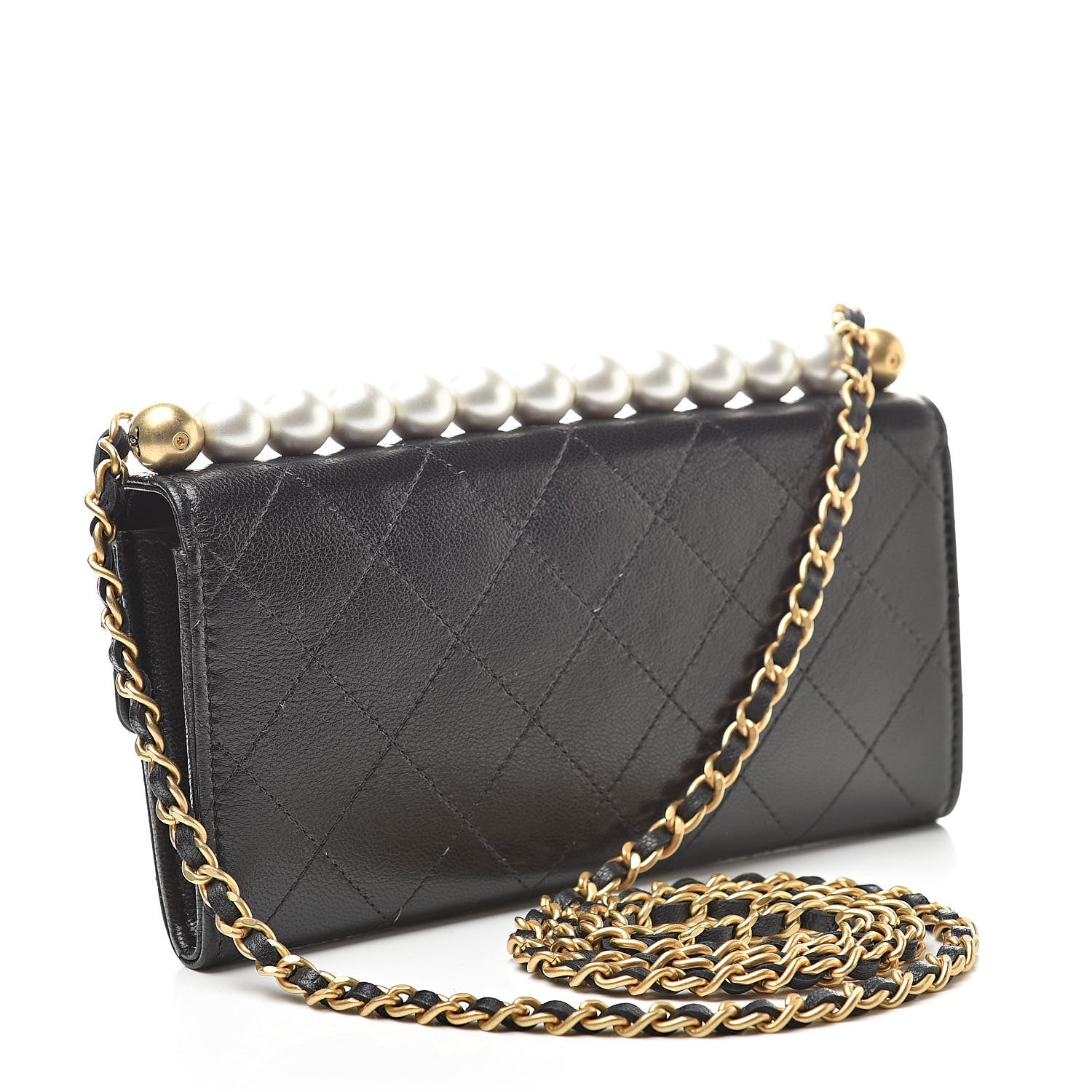 Chanel Goatskin Quilted Chic Pearls Clutch With Chain Black 3 of 12