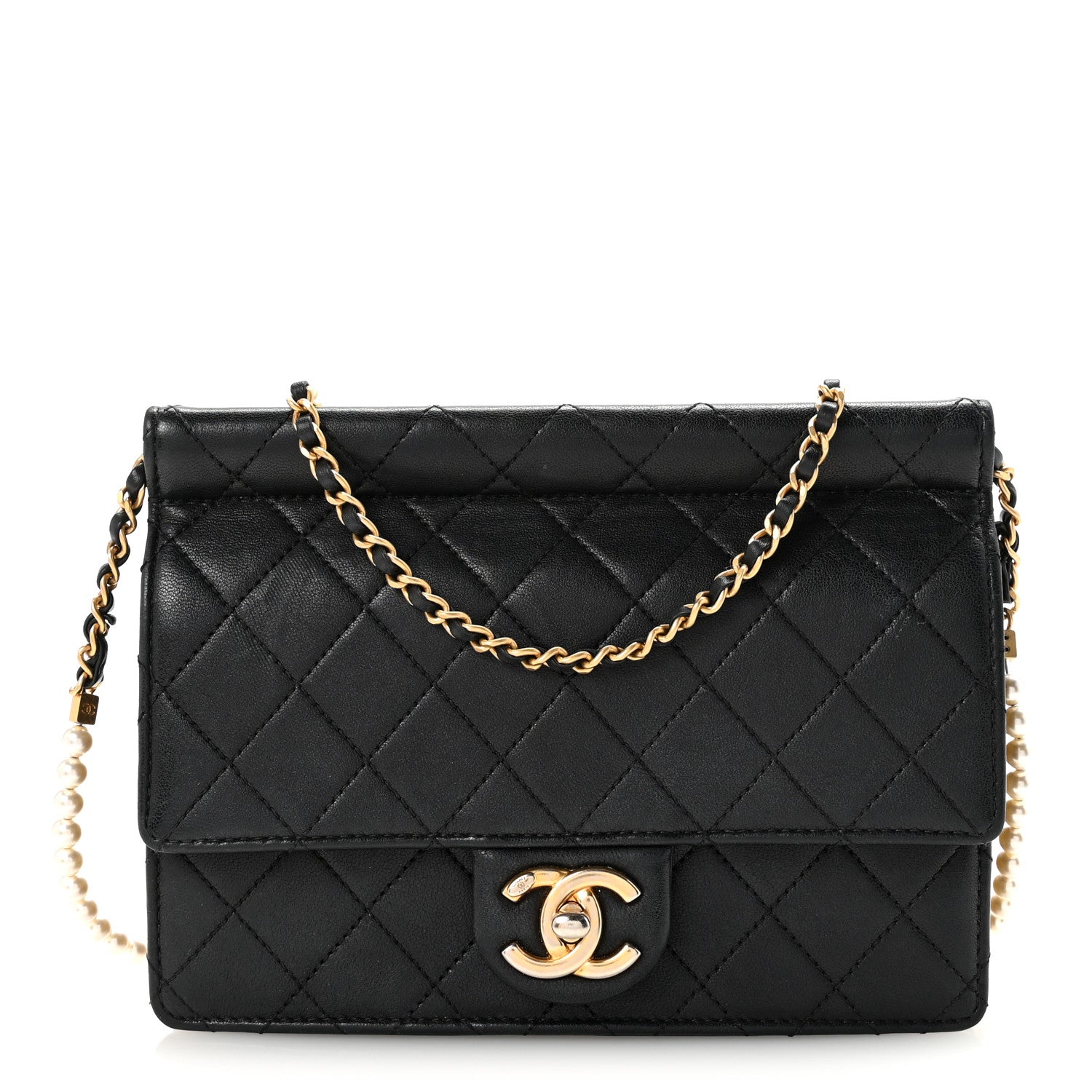 Chanel Goatskin Quilted Pearl Chain Flap Bag Black 1 of 10