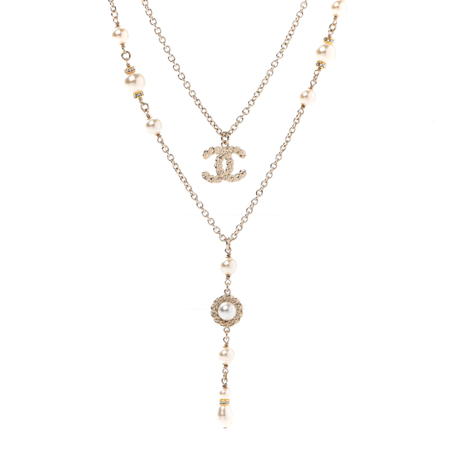 Chanel Pearl Crystal CC Multi Strand Necklace Gold 1 of 7