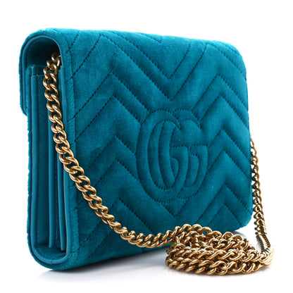 Gucci Velvet Matelasse GG Marmont Chain Wallet Pavone Cyan 3 of 10