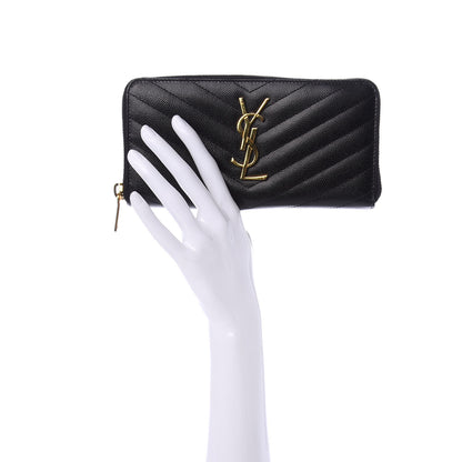 Saint Laurent Grain De Poudre Matelasse Chevron Monogram Zip Around Wallet Black 2 of 7