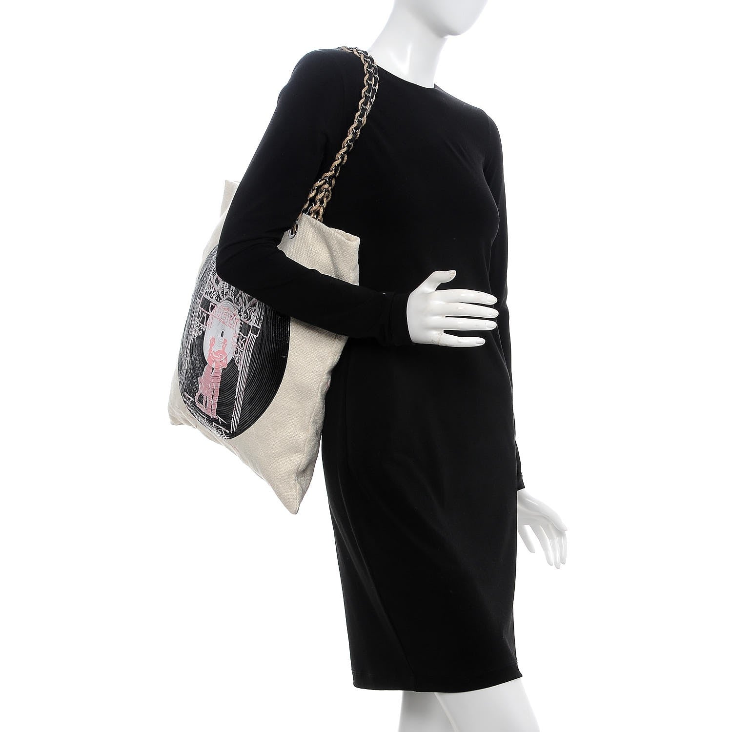 Chanel Canvas Embroidered Record Print Large Shopping Tote Ivory Black 2 of 7