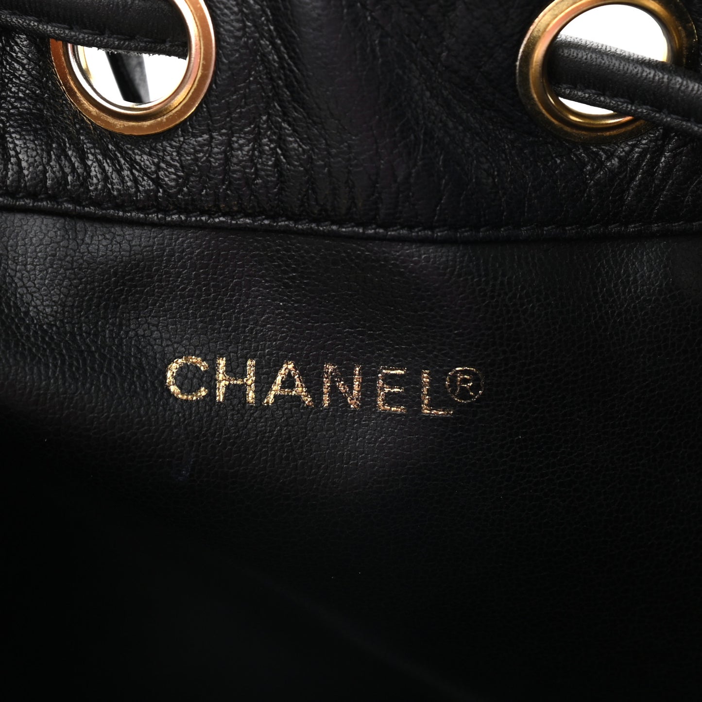 Lambskin CC Stitched Drawstring Bucket Bag Black