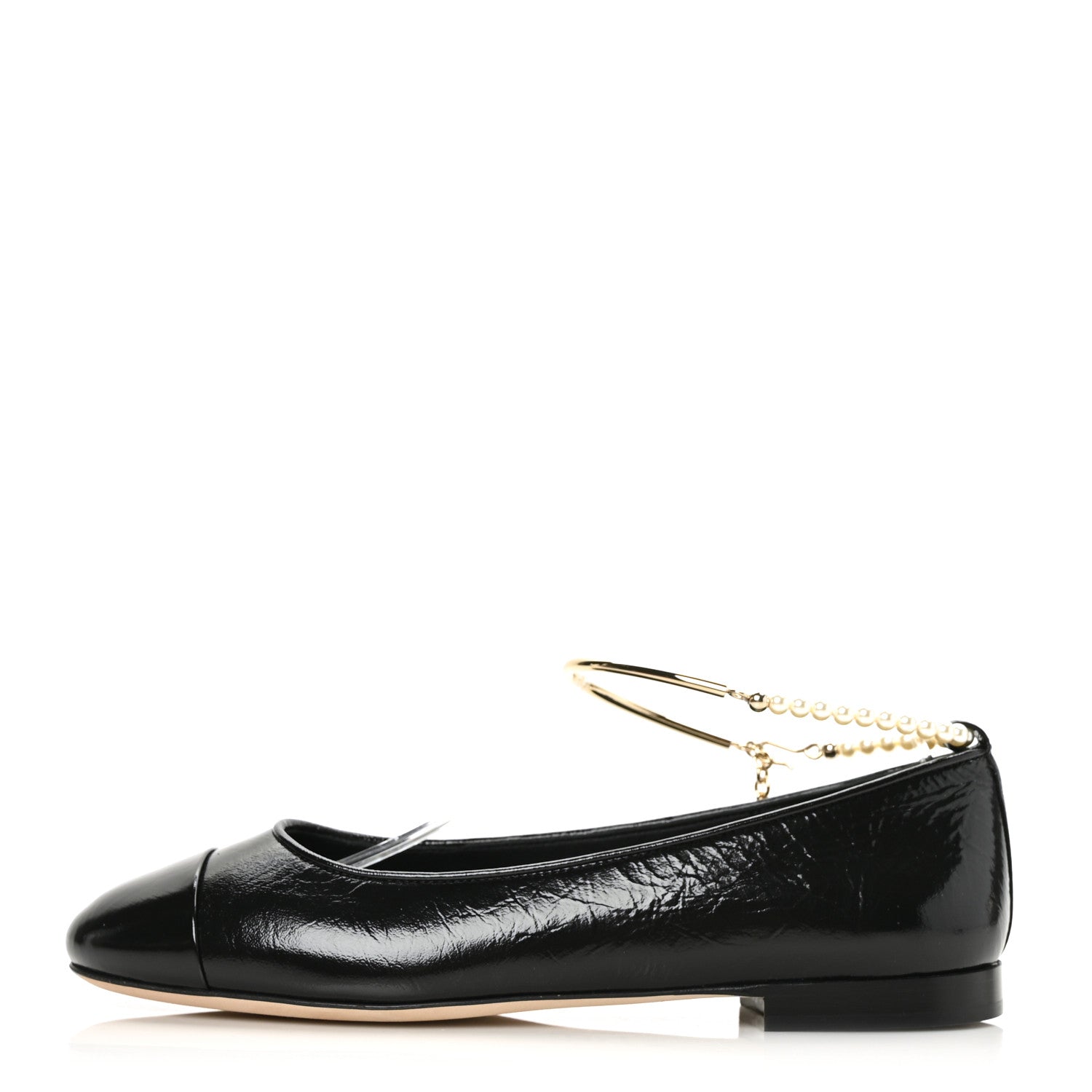 Chanel Lambskin Patent Calfskin Cap Toe Ankle Chain Ballerina Flats 38 Black 1 of 8