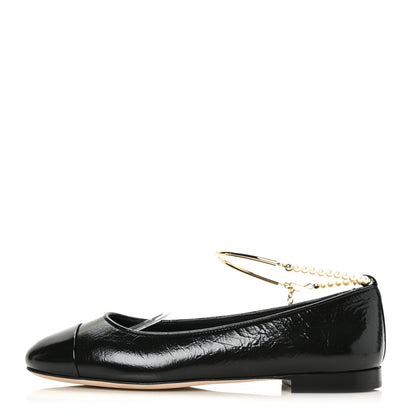 Chanel Lambskin Patent Calfskin Cap Toe Ankle Chain Ballerina Flats 38 Black 1 of 8