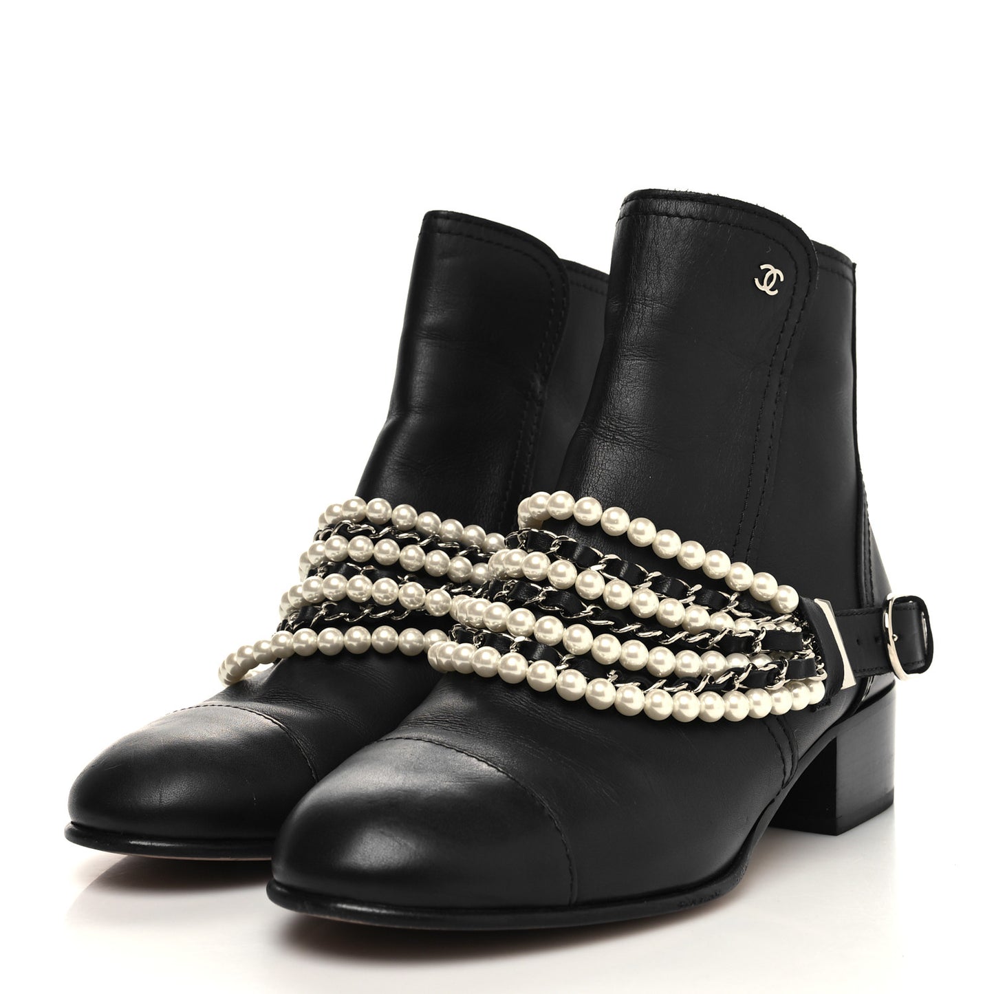 Calfskin Pearl Cap Toe Short Boots 39 Black