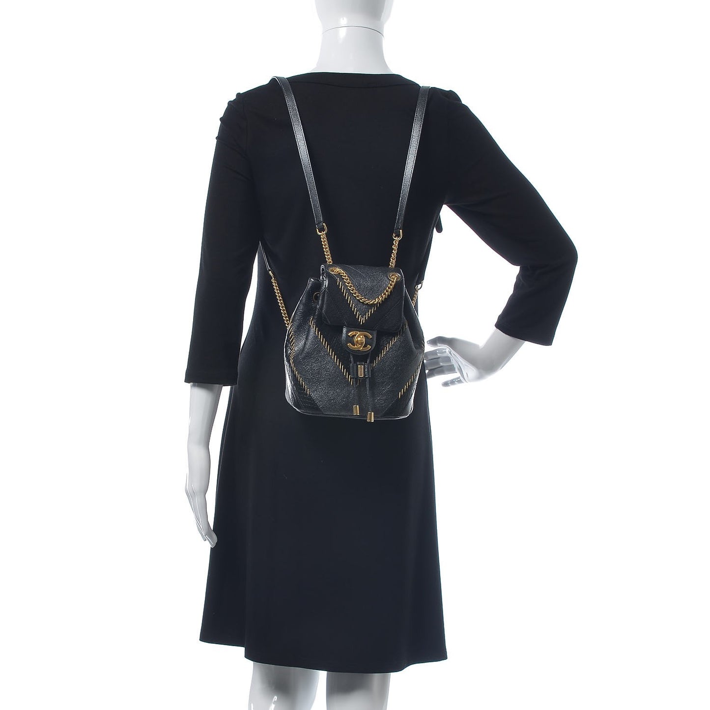 Metallic Calfskin Snakeskin Chevron Quilted Backpack Black