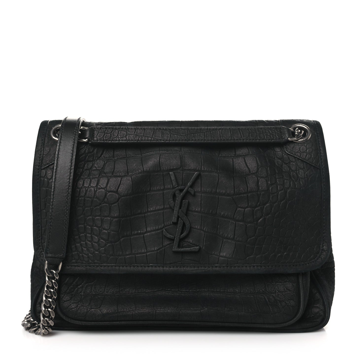 Nubuck Crocodile Embossed Monogram Medium Niki Chain Satchel Black