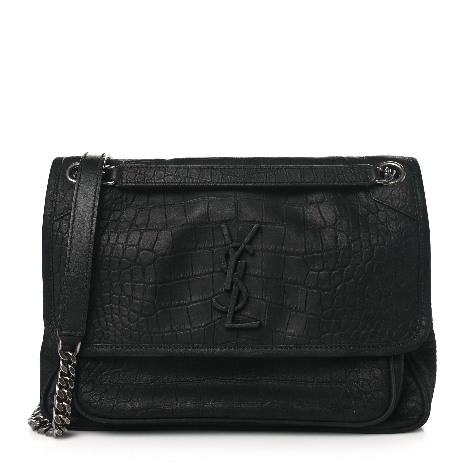 Saint Laurent Nubuck Crocodile Embossed Monogram Medium Niki Chain Satchel Black 1 of 10