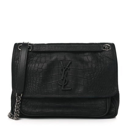 Saint Laurent Nubuck Crocodile Embossed Monogram Medium Niki Chain Satchel Black 1 of 10