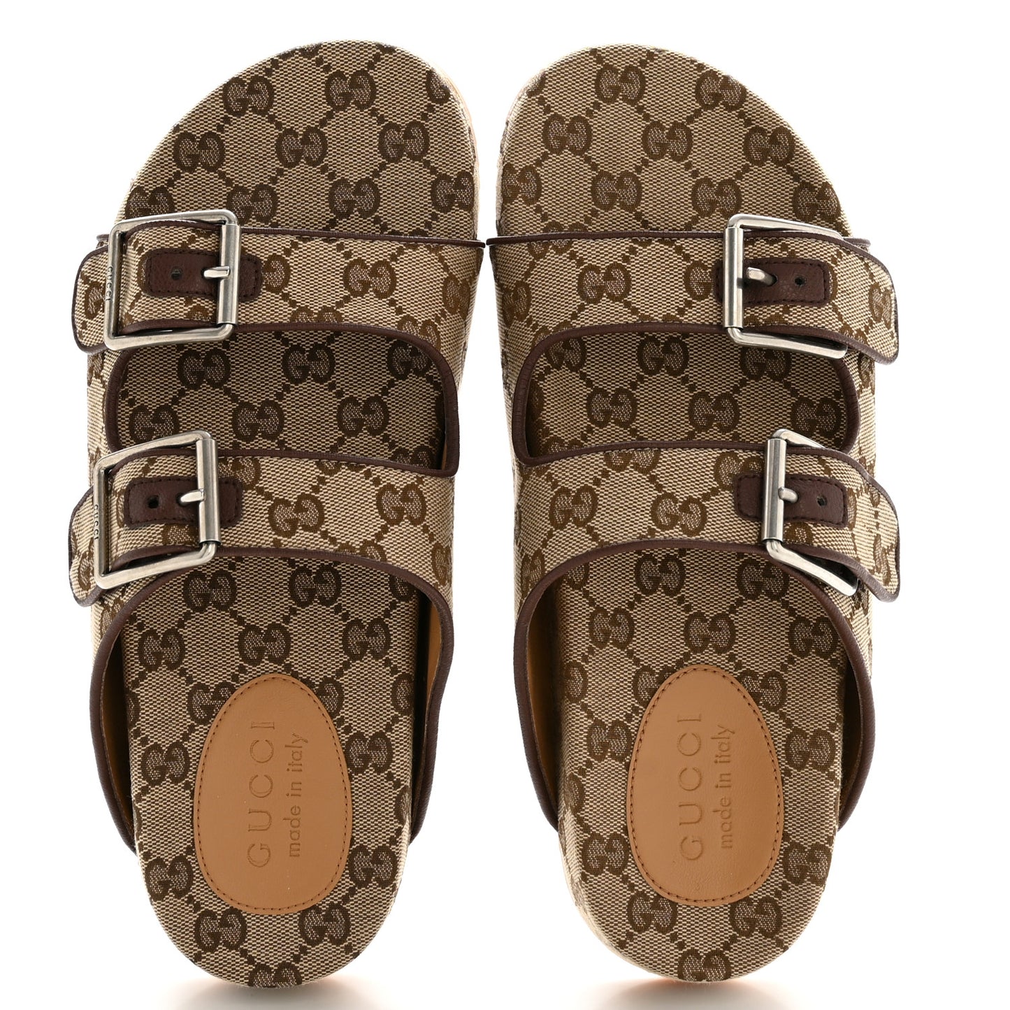 GG Monogram Lavaredo Eco Fabric Mens Slide Sandals With Straps 7 Beige Ebony Light Brown
