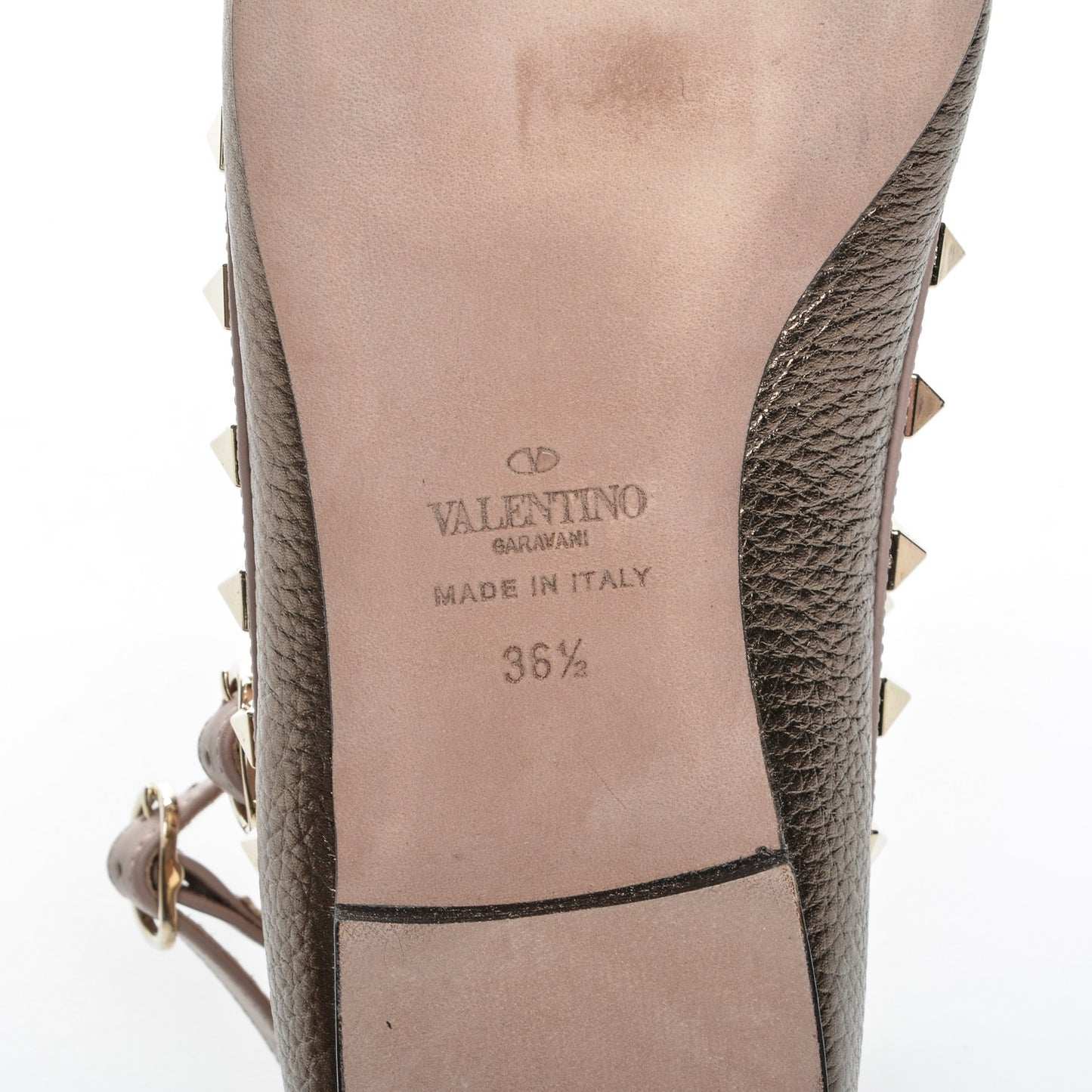 Metallic Pebbled Calfskin Rockstud Cage Ballerina Flats 36.5 Sasso Poudre