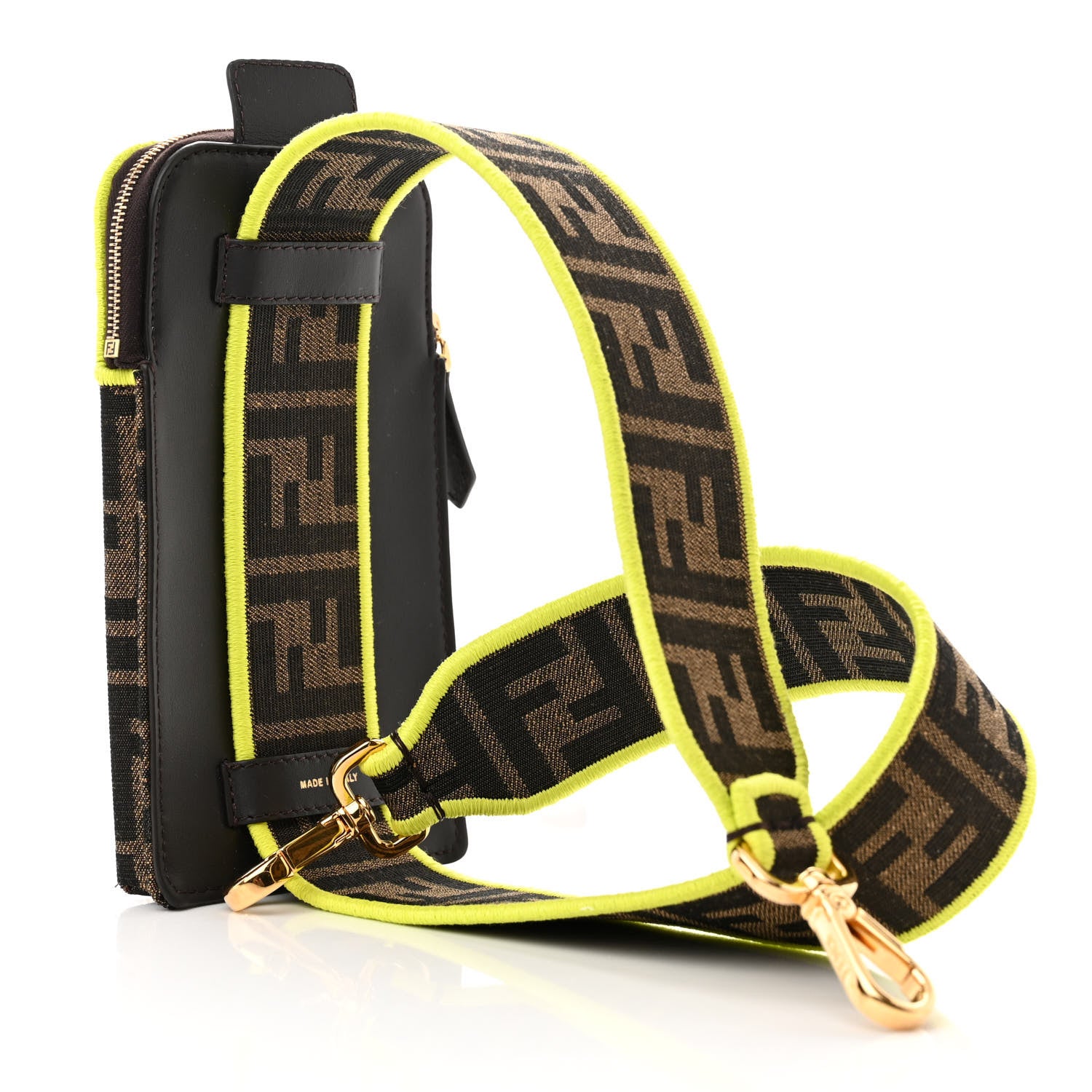 Fendi Fabric Jacquard FF 1974 Cell Pocket Strap You Tobacco Moro Giallo Fluo 2 of 10