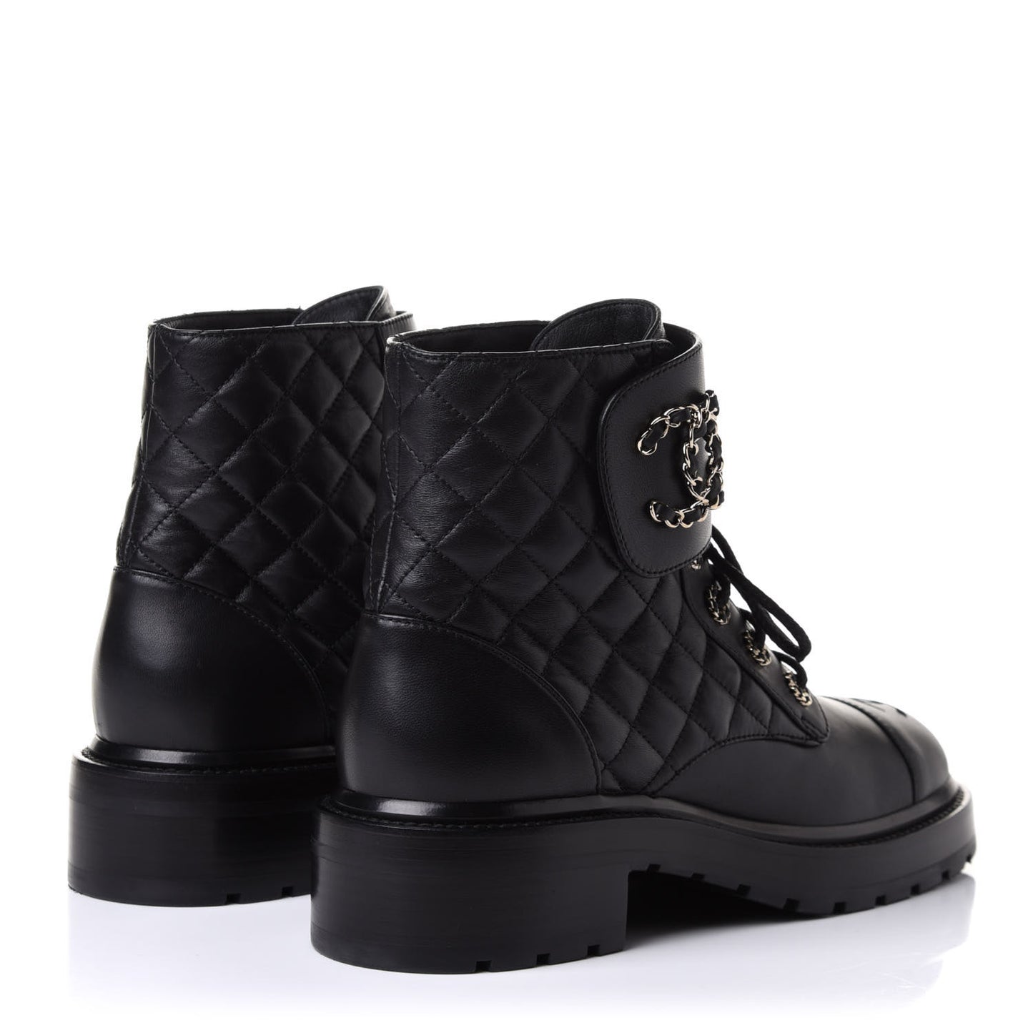 Shiny Lambskin Quilted Lace Up Combat Boots 39.5 Black