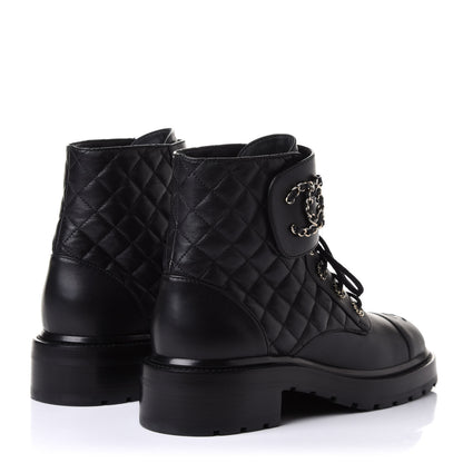 Chanel Shiny Lambskin Quilted Lace Up Combat Boots 39.5 Black 4 of 11