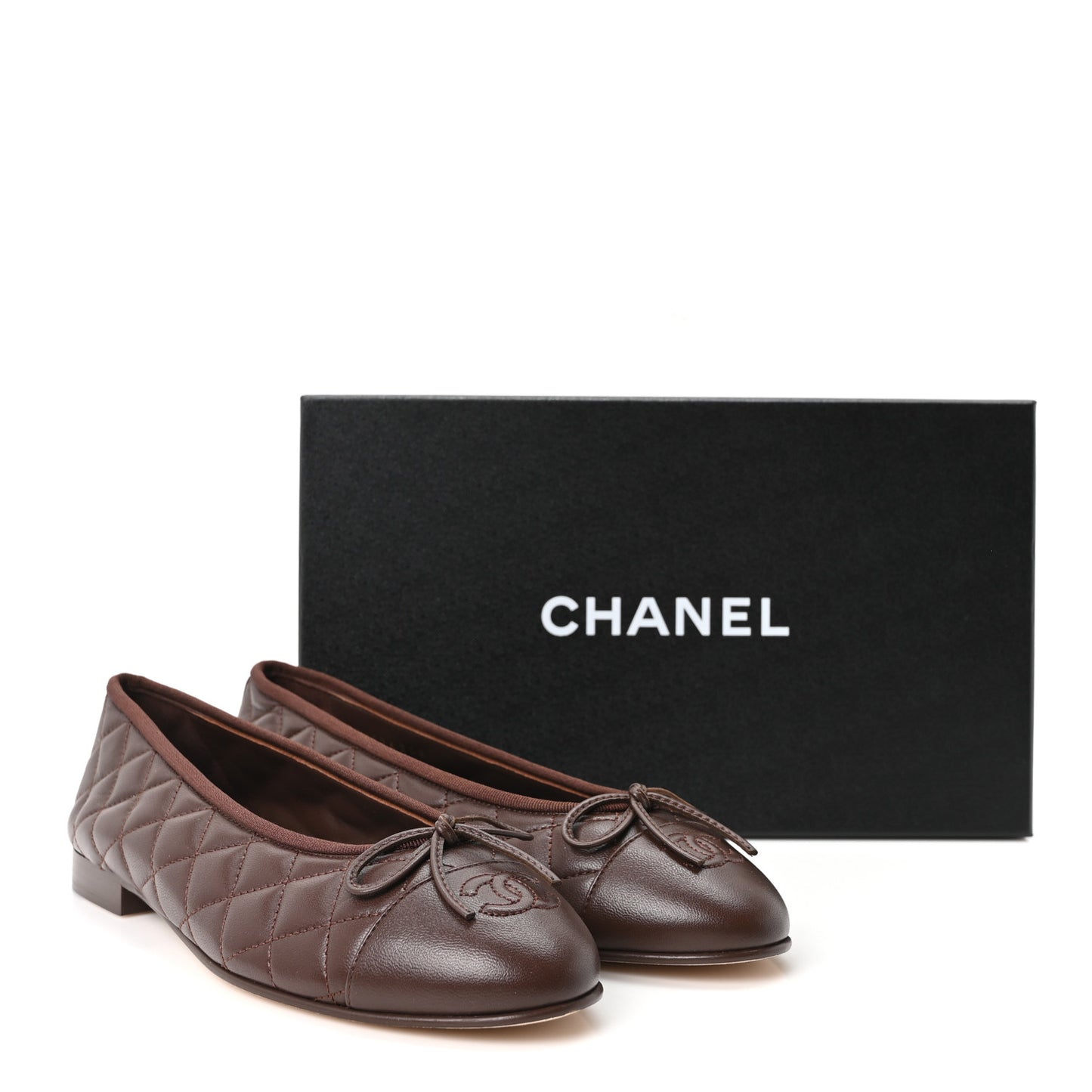 Lambskin Quilted CC Cap Toe Ballerina Flats 38.5 Dark Brown