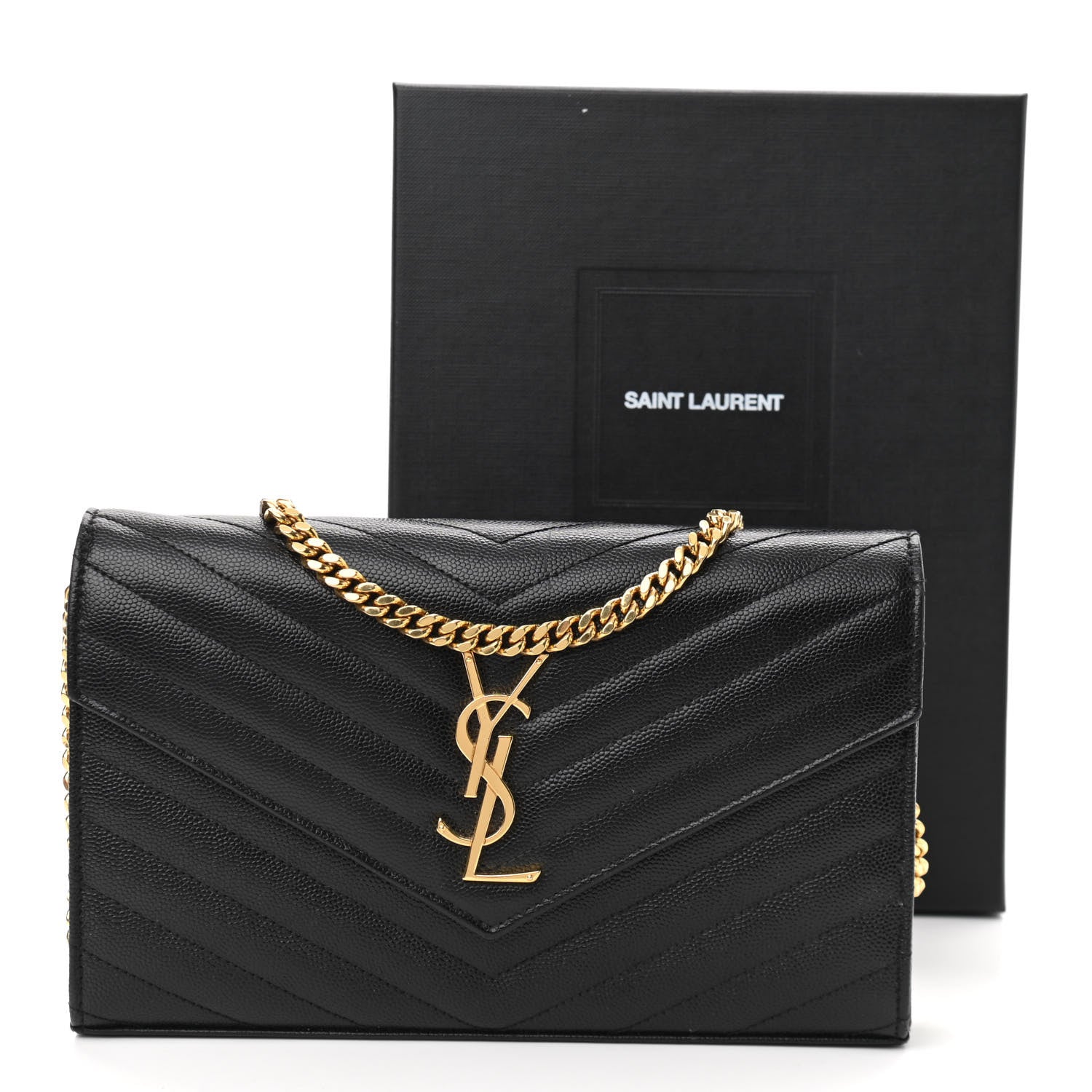Saint Laurent Grain De Poudre Matelasse Chevron Monogram Chain Wallet Black 12 of 12