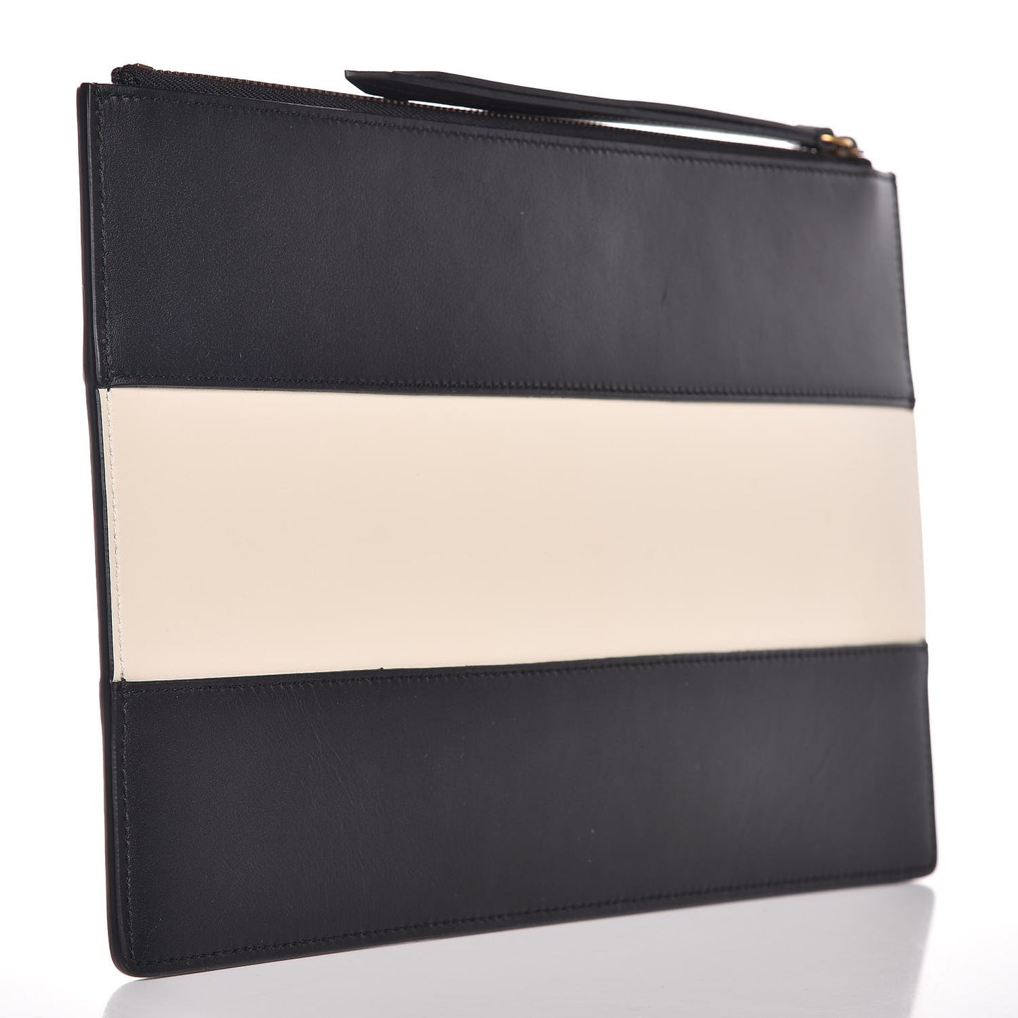 Calfskin Striped Oversized Bee Zip Pouch White Black