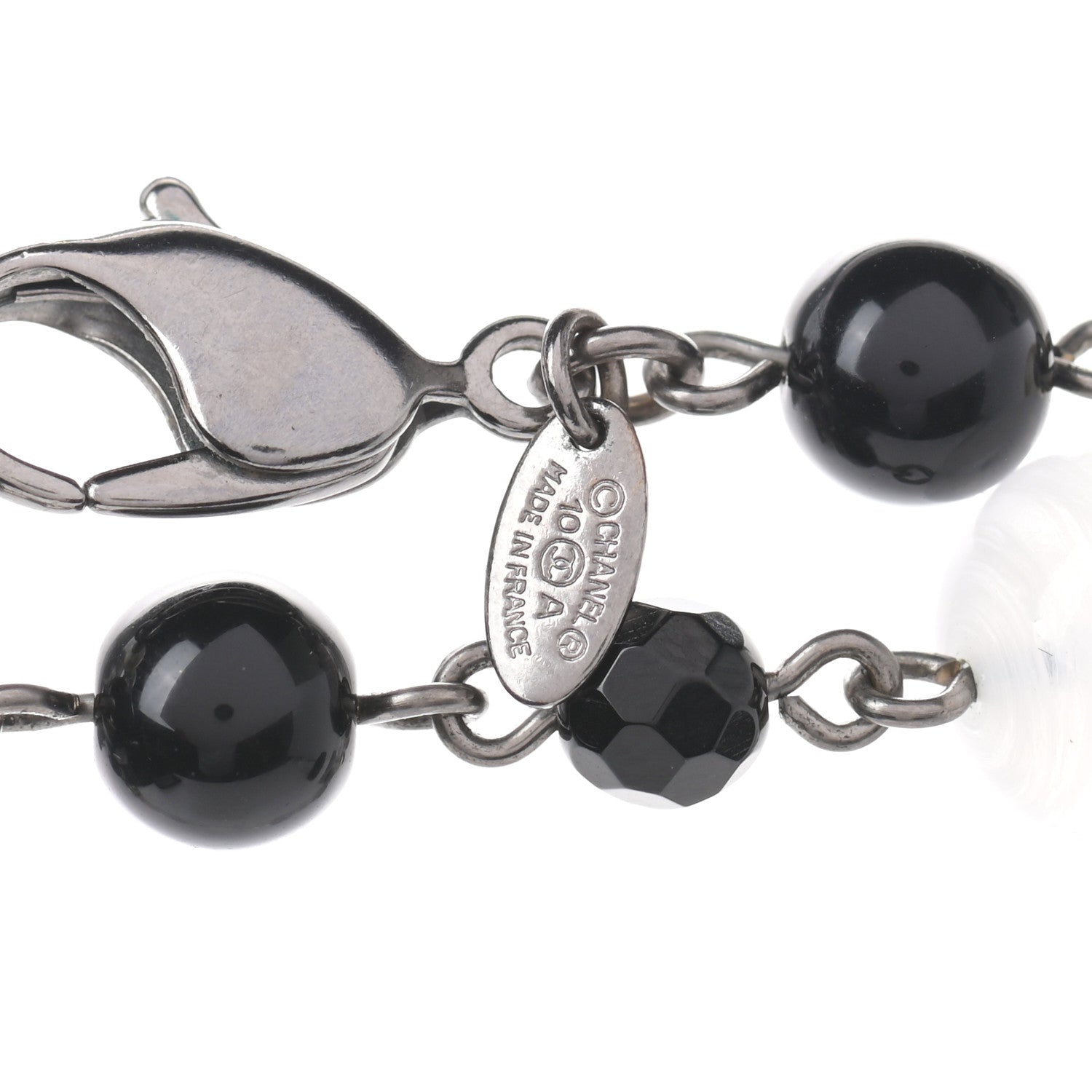 Chanel Pearl Crystal Bead CC Long Necklace Black Silver 4 of 4