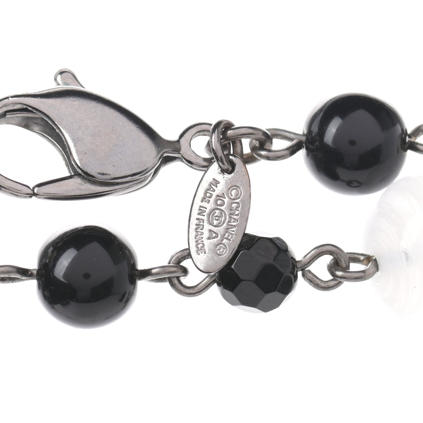 Pearl Crystal Bead CC Long Necklace Black Silver