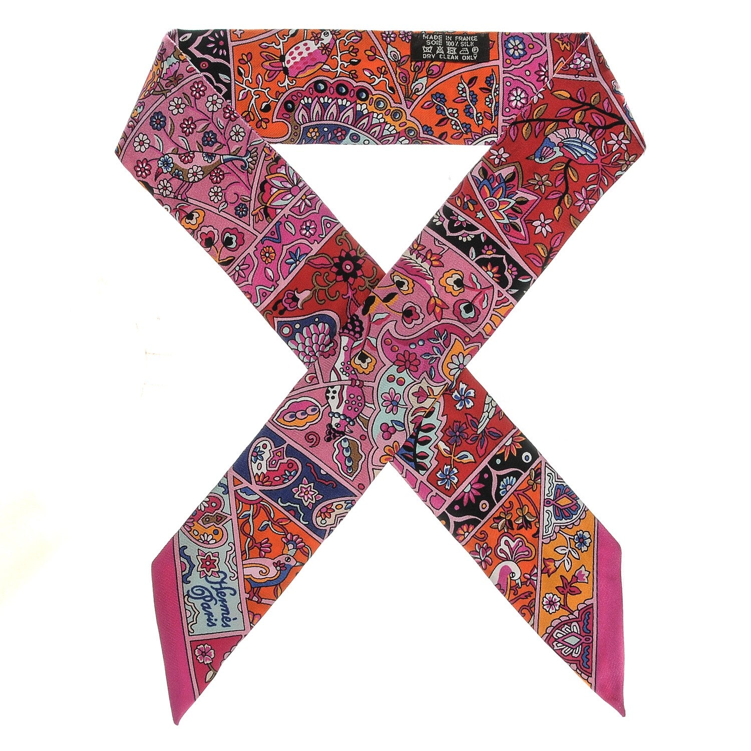 Hermes Silk Au Pays Des Oiseaux Fleurs Twilly Rose Vif Rouge Vert 1 of 5