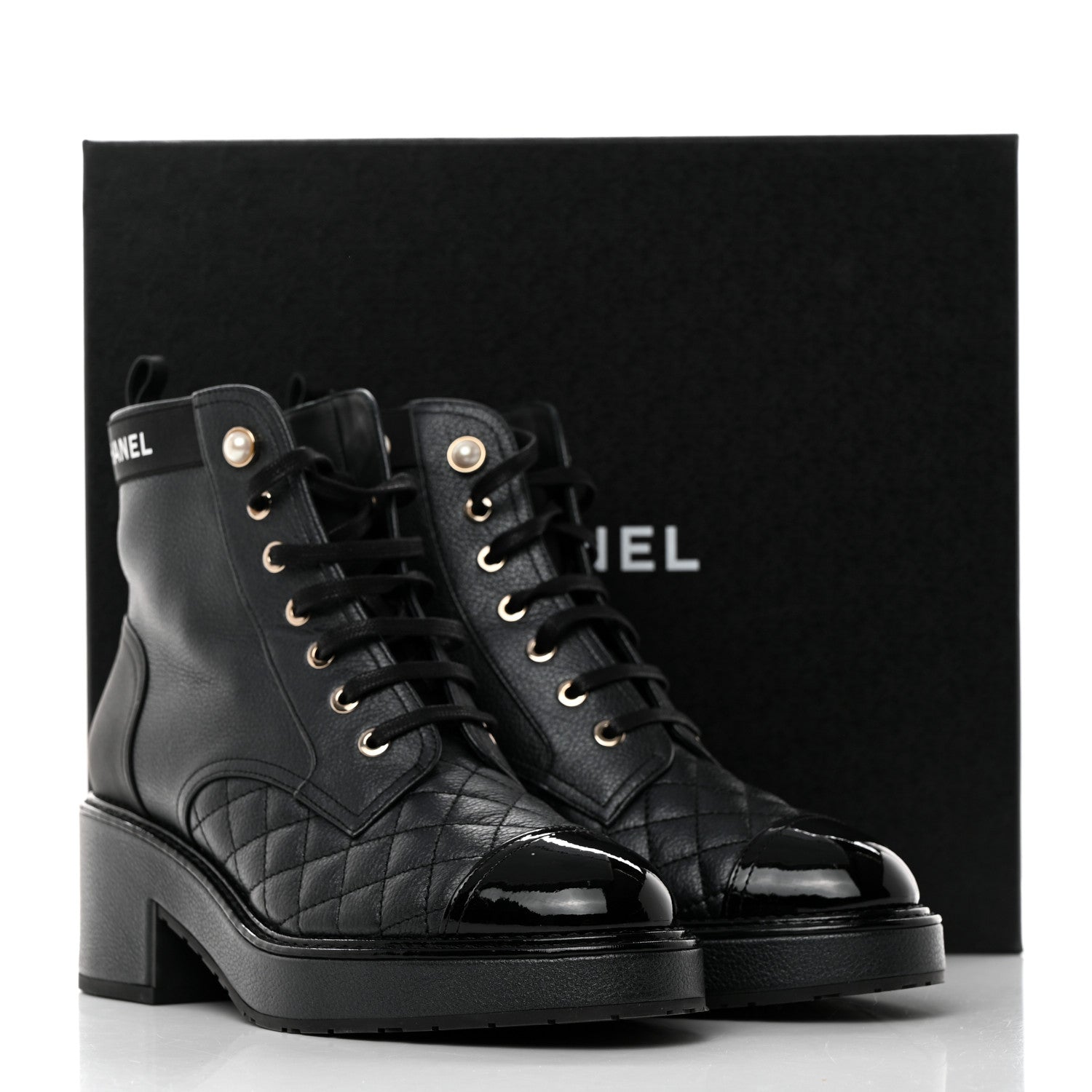 Chanel Pearly Calfskin Patent Calfskin Lace Up Combat Boots 38 Black 38 Black 9 of 9