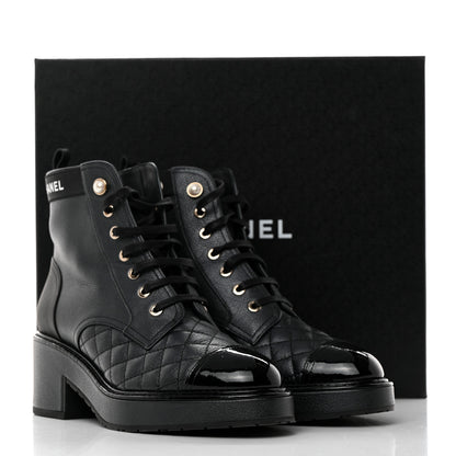 Chanel Pearly Calfskin Patent Calfskin Lace Up Combat Boots 38 Black 38 Black 9 of 9