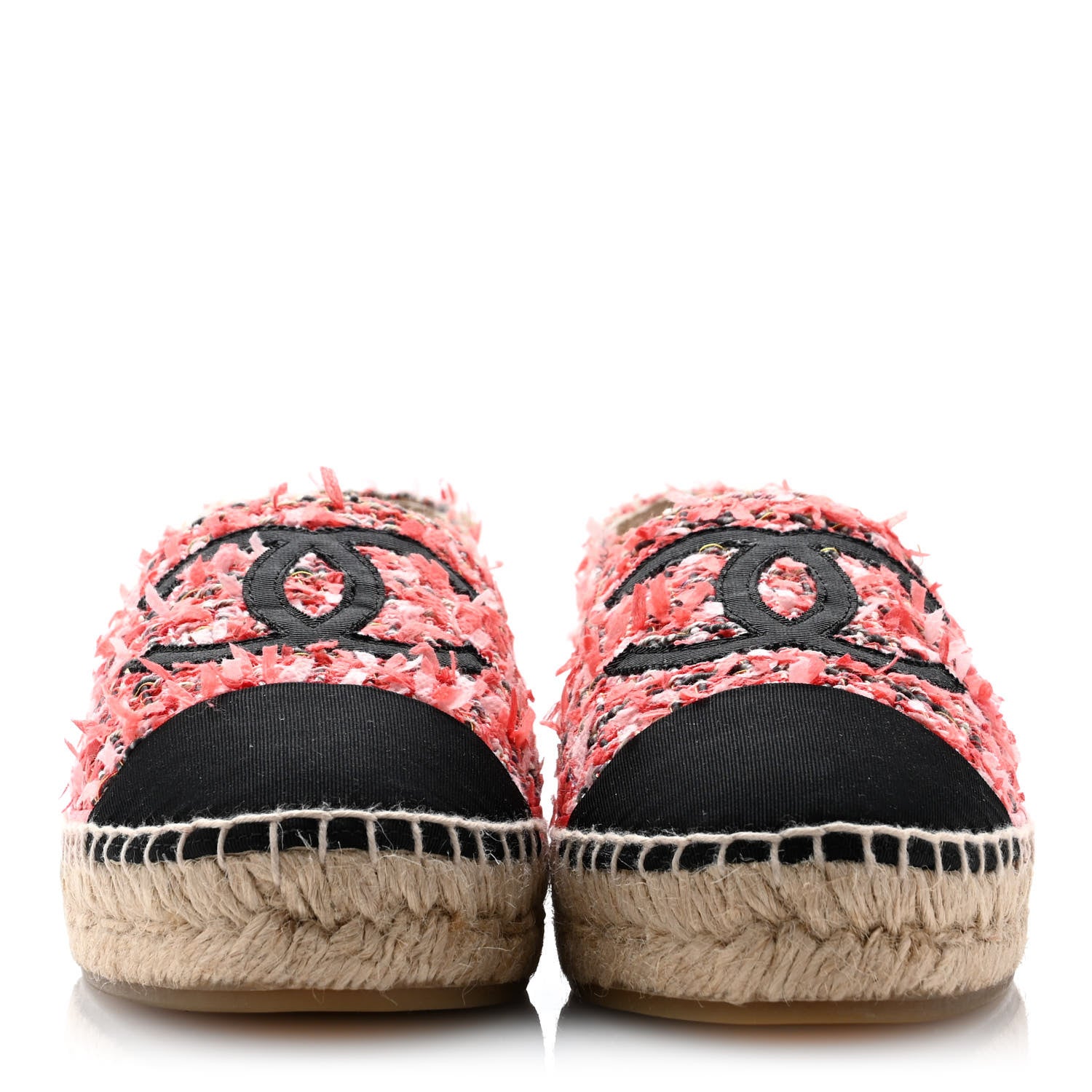 Chanel Tweed Grosgrain CC Espadrilles 38 Coral Red Pink Black 2 of 9