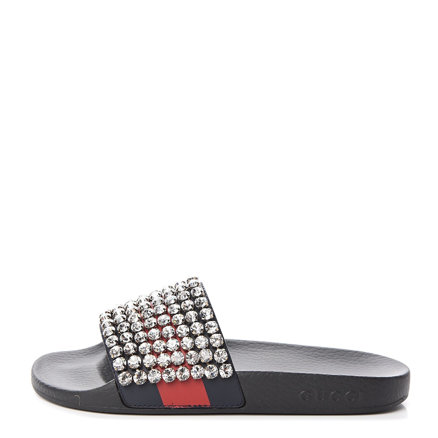 Calfskin Crystal Embellished Web Slide Sandals 37 Blue Red