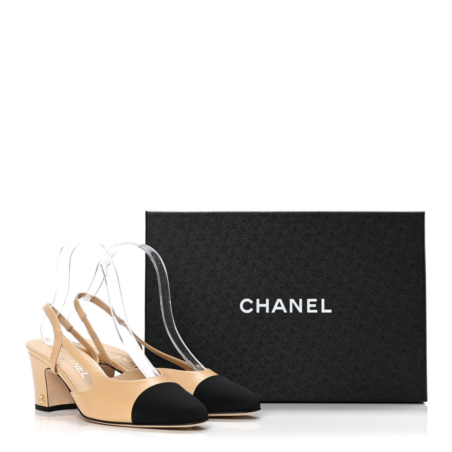 Goatskin Grosgrain Cap Toe CC Slingback Pumps 37.5 Beige Black