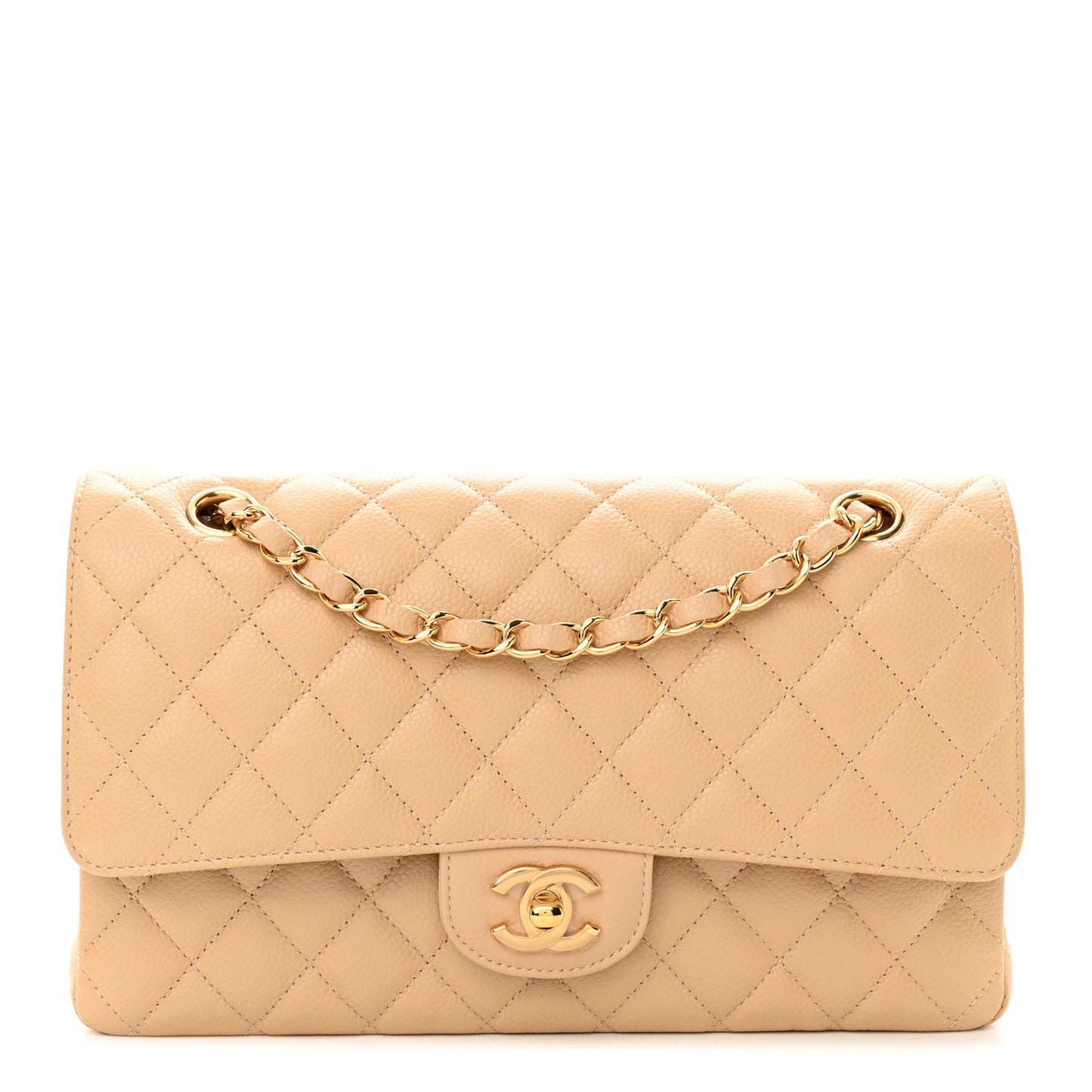 Caviar Quilted Medium Double Flap Beige