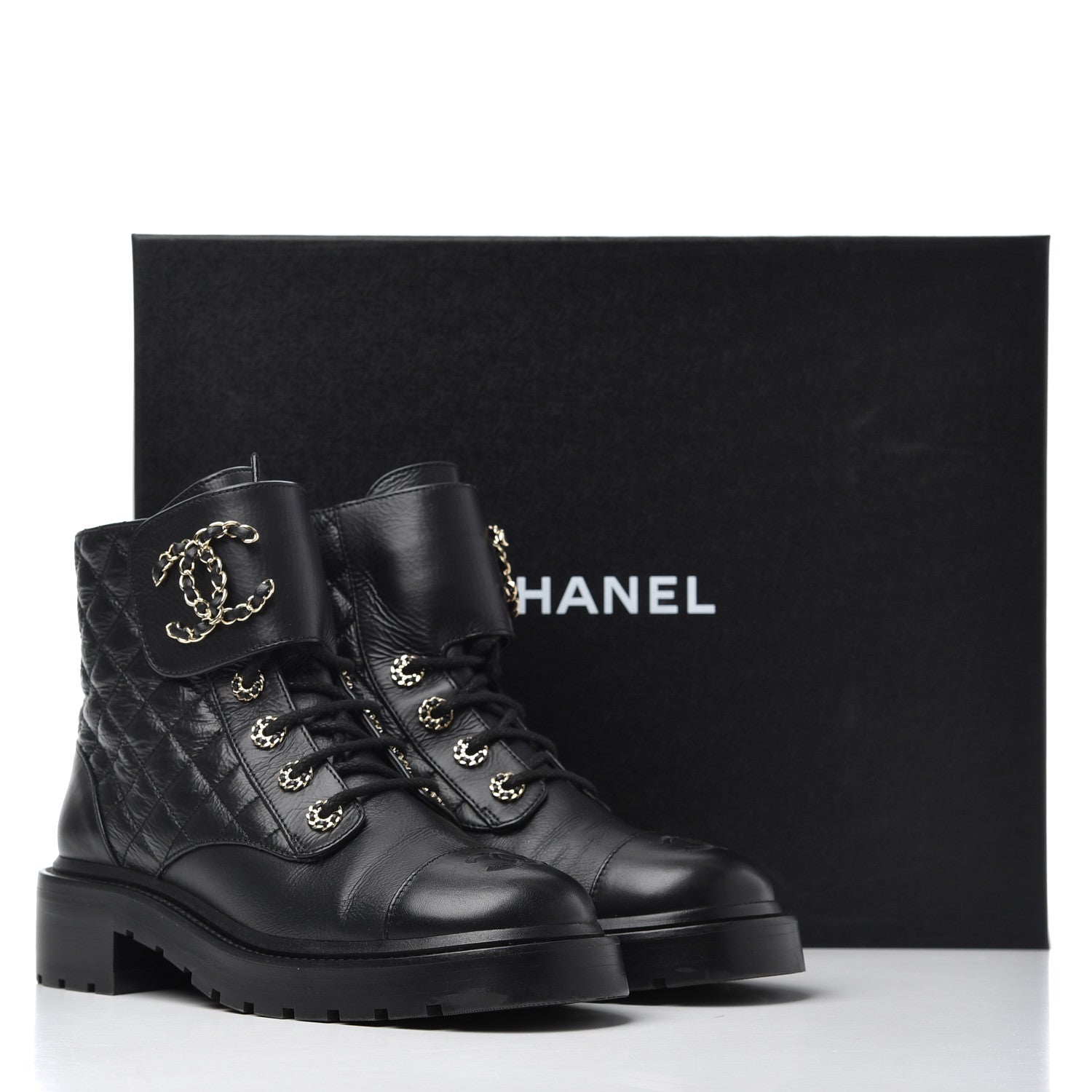 Chanel Shiny Goatskin Calfskin Quilted Lace Up Combat Boots 38.5 Black 14 of 14